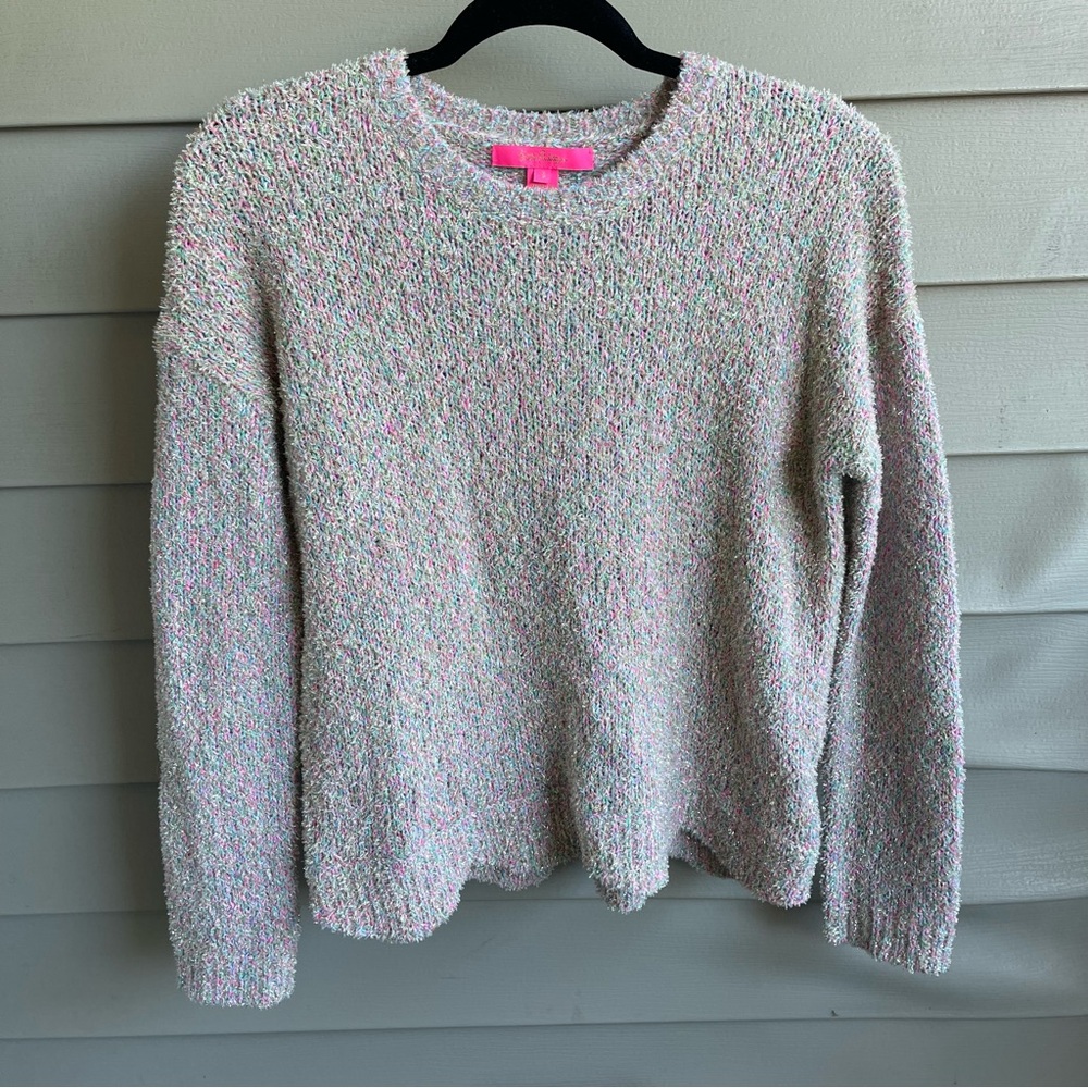 Lilly Pulitzer Sweater Womens S Rainbow Metallic Gliana Scalloped Hem Glitter
